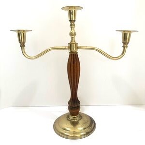 Vintage Large 14” Tall Wood & Brass 3 Arm Candelabra Candle Holder Scandinavian